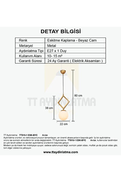 TT AYDINLATMA Tt015-1 Esk Eskitme Kaplama Beyaz Camlı Tekli Avize