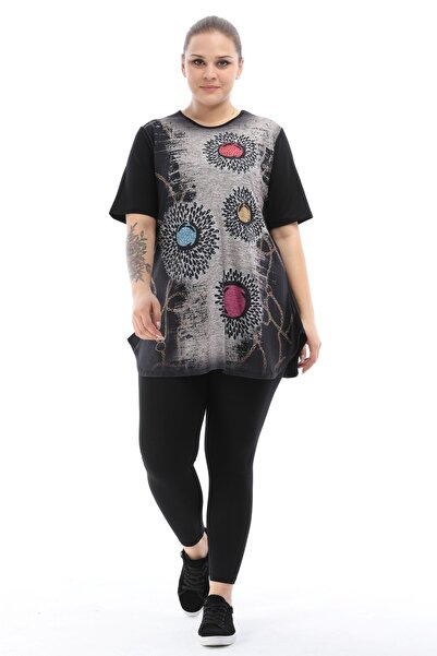 CEDY DENIM Black Tunic Leggings Set Viscose Fabric Digital Printed Stone Deta...