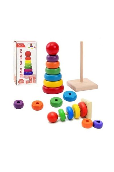 Wooden Toys Wooden Colored Tower Game - Educational Wooden Rainbow Tower