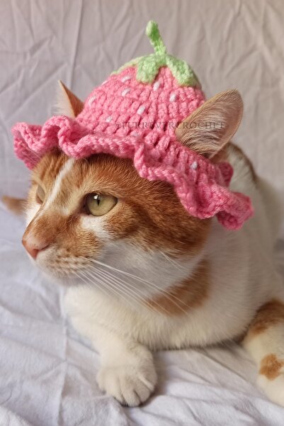 Pembe Çilek Bucket Şapka Örgü Kedi Köpek Şapkası Evcil Hayvan Şapkası Pet Aksesuarları