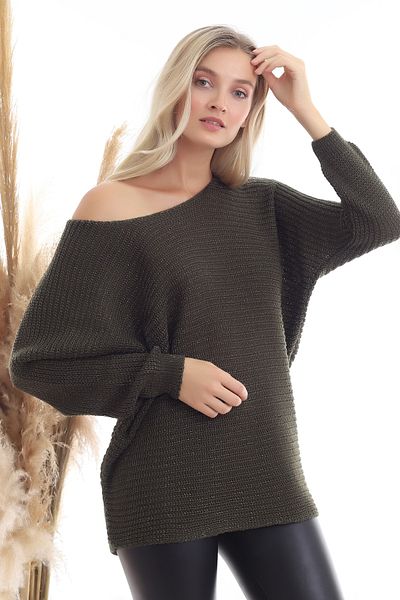 Devinka Women's Khaki Glitter Boat Neck Bat Sleeve Sweater