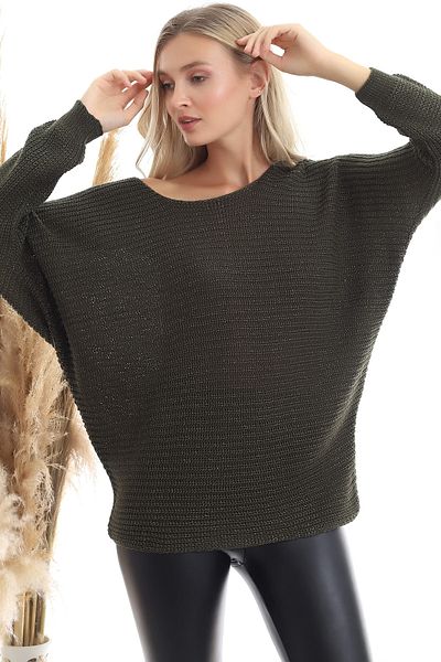 Devinka Women's Khaki Glitter Boat Neck Bat Sleeve Sweater