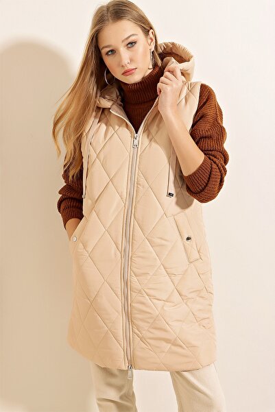 Bigdart 5140 Kapşonlu Uzun Şişme Yelek - Bej