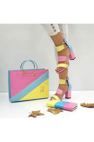 Leyla Yıldız Women's Bonibon Striped Heeled Shoes Bracelet Bag Wallet Set