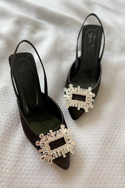 Shoebutik Quiero Black Satin Stoned Stiletto deschis