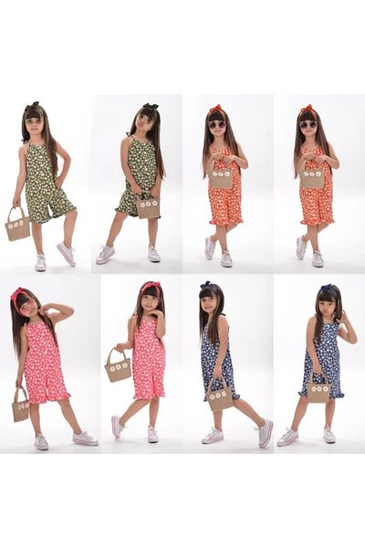 Pink Hippo Kids Salopetă cu bretele cu model de margarete, cu bandă pentru cap și geantă de paie (3 bucăți)