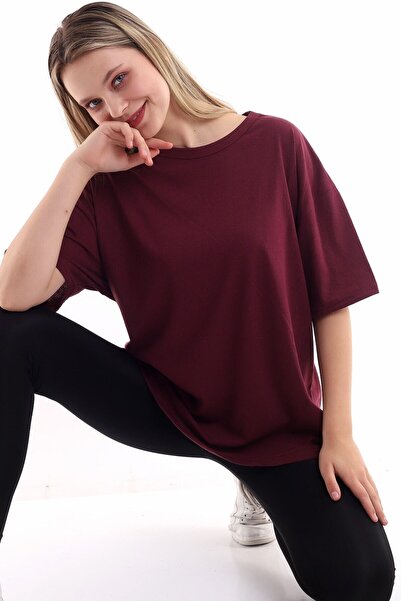 JAKARLI Tricou oversize tricotat unisex din bumbac cu decolteu roșu Claret Bo...