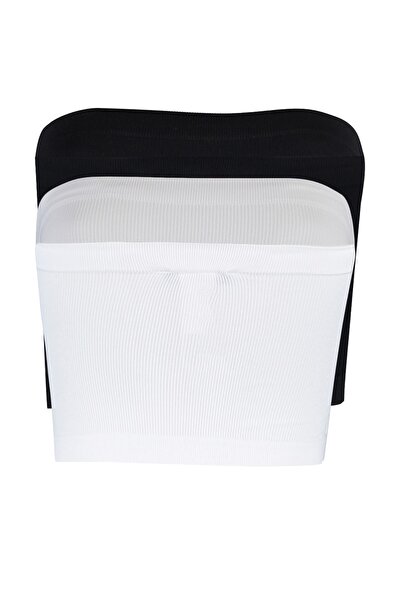 Trendyol Collection Schwarz-weißer 2er-Pack nahtloser/nahtloser, gerippter, trägerloser gestrickter Sport-BH TWOSS21SS0061