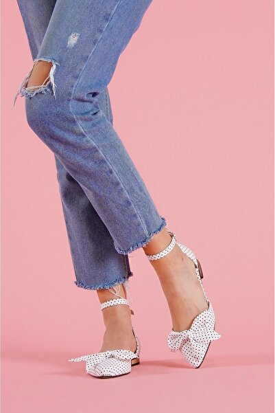 DİVOLYA Καθημερινές μπαλαρίνες Mambo White πουά φιόγκος με λουράκι με μυτερά δάχτυλα