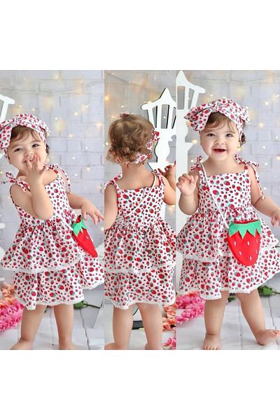 Pink Hippo Kids Rochie albă cu model, cu geantă de căpșuni și bretele bandană