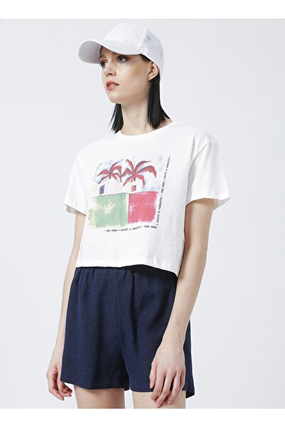 Fabrika Jacob Bisiklet Yaka Crop Baskılı Beyaz Kadın T-shirt