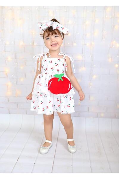 Pink Hippo Kids Λευκό φόρεμα με μοτίβο με τσάντα κερασιού και λουράκι μπαντάνας