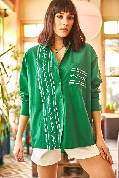 Olalook Women's Grass Green Pocket Detailed Printed Woven Shirt GML-19000985