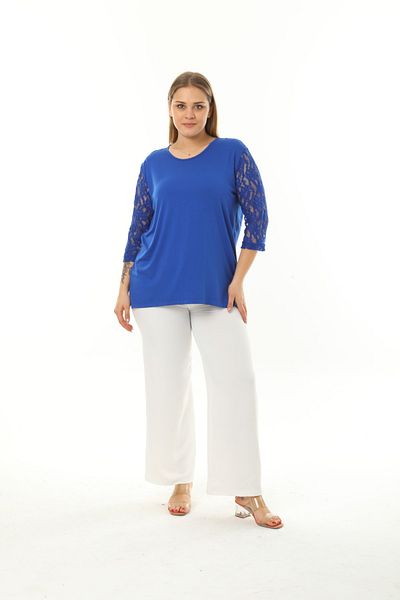 GOLVEN Round Neck Saks Blue Plus Size Blouse with Lace Sleeves