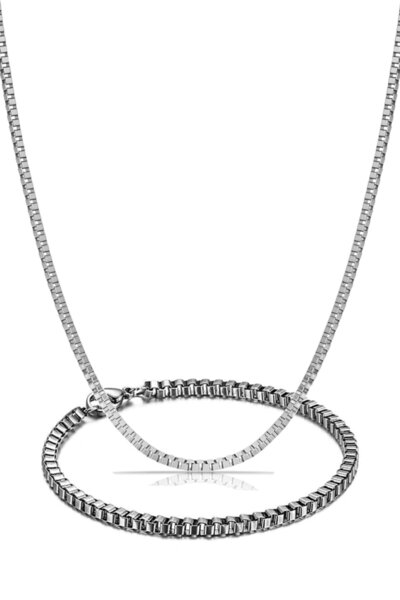 TREND COLLECTİON Küp Model Erkek Gümüş Bileklik Ve Kolye Zincir Set