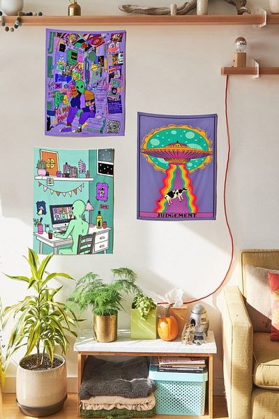 Buka Shops Set de 3 tapiserii de perete Alien Ufo