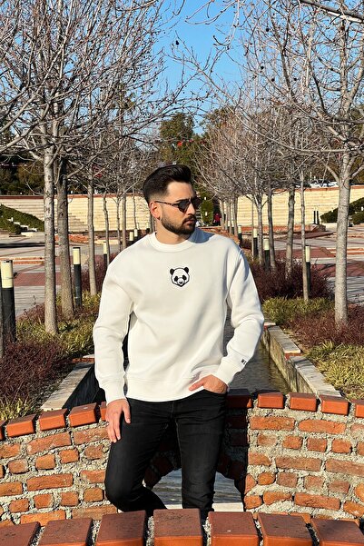 WELLHS Unisex Ekru Panda Nakışlı Işlemeli Oversize Bisiklet Yaka Sweatshirt