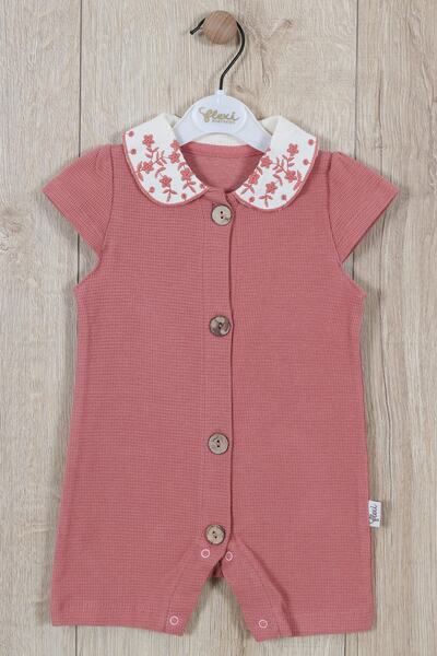 Flexibaby Kız Bebek Tulumu %100 Pamuk Yakası Nakışlı Ahşap Düğme Detaylı Kısa...