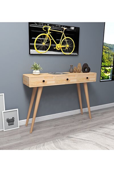 WOODFACE Masif Ahşap Makyaj Masası 110x90 3 Çekmeceli Siyah Doğal Ahşap Dresu...