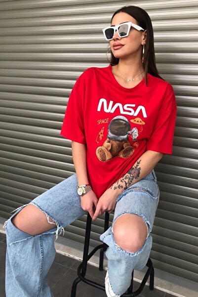 Machetta Оверсайз футболка червоного кольору з принтом ведмедика NASA, унісекс