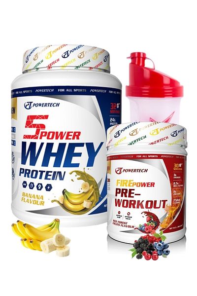 POWERTECH Firepower Pre-Workout 5Power Whey Protein Powder - 30 Servings with Forest Fruits