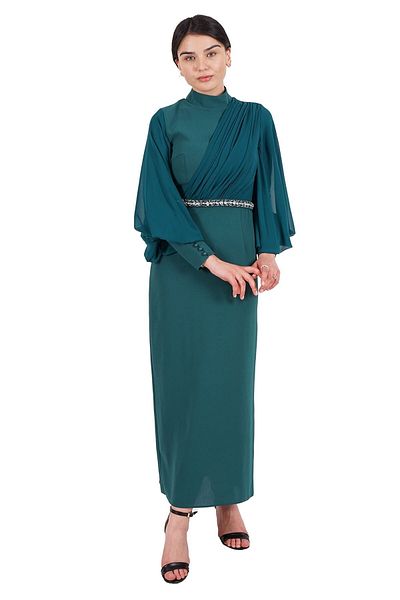 SpringStore Rochie de seara Hijab din sifon cu maneca cu balon de smarald