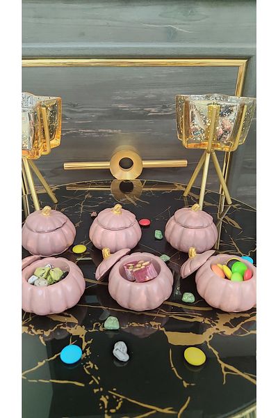 BİBLOCİO Decorative Gift Coffee Side Serving Figurine-Pumpkin Turkish Delight Bowl Set of 6 Powder Pink