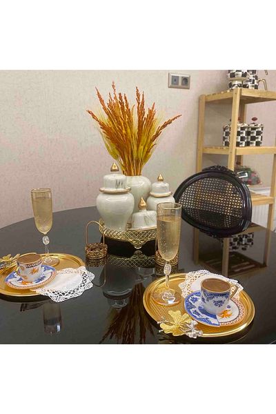 Elzem Decorative Gold Plated 2-Piece Coffee Tray with Butterfly Accessory, Luxury Presentation
