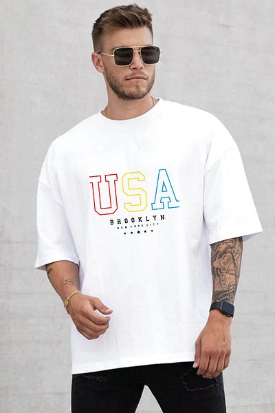 SUNFREE Λευκό μπλουζάκι με στάμπα ΗΠΑ Oversize Unisex