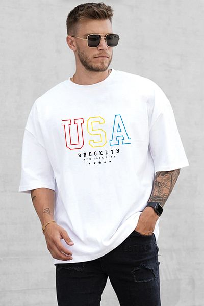 SUNFREE Λευκό μπλουζάκι με στάμπα ΗΠΑ Oversize Unisex