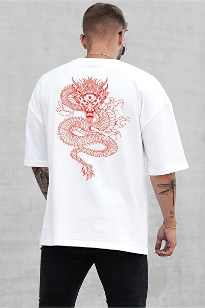 SUNFREE Λευκό μπλουζάκι με στάμπα Dragon Oversize Unisex
