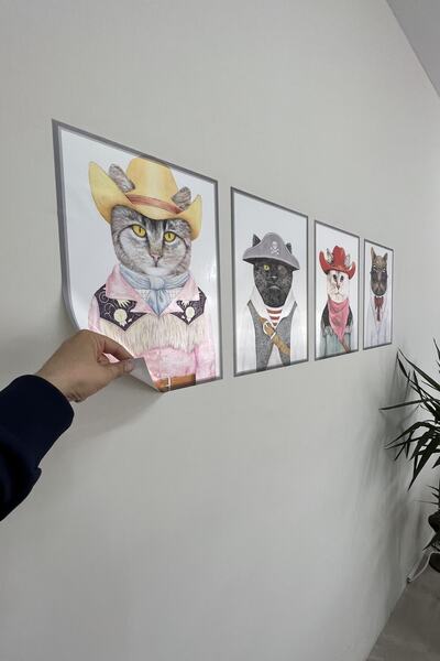 statik kağıt Çerçeve Görünümlü Statik Tutunma Özellikli 4 Lü Kediler 35 - 50 Cm