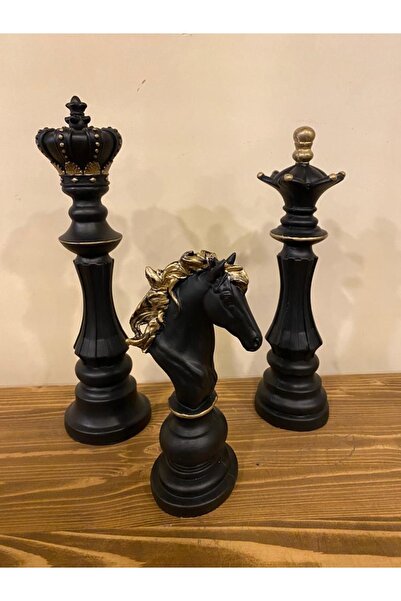 Semart Dizayn Üçlü Satranç Seti Heykeli Orta Boy Şah Vezir At Dekoratif Siyah...