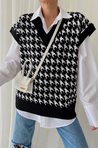 My love butik Black Wide Collar Houndstooth Sweater