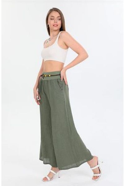AYASOFYA OTANTIK Women's Khaki Italian Rope Belted Wide Leg Linen Trousers