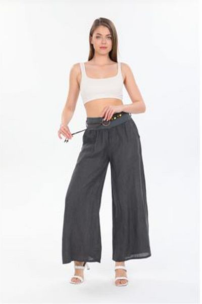 AYASOFYA OTANTIK Women's Anthracite Italian Rope Belted Wide Leg Linen Trousers