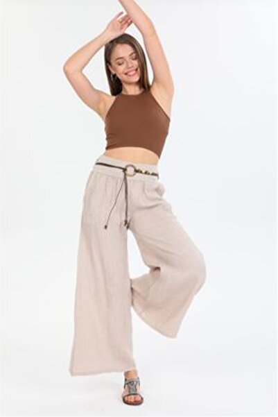 AYASOFYA OTANTIK Women's Beige Italian Rope Belt Wide Leg Linen Trousers