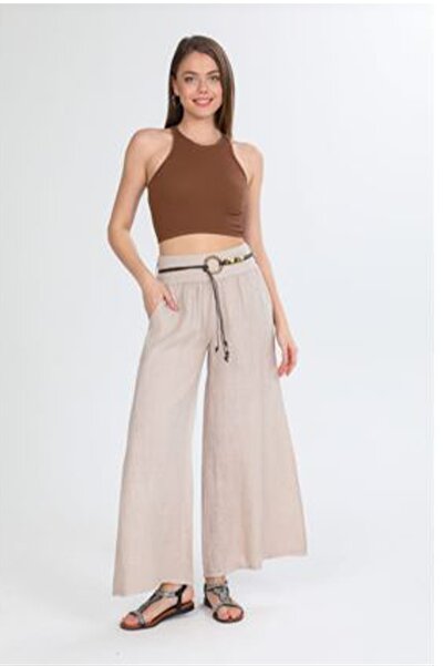 AYASOFYA OTANTIK Women's Beige Italian Rope Belt Wide Leg Linen Trousers