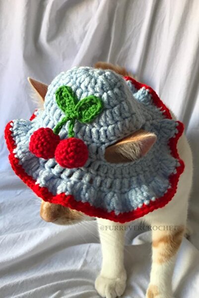 Furrever Crochet Kiraz Bucket Şapka Kırmızı Örgü Kedi Köpek Şapkası Evcil Hay...