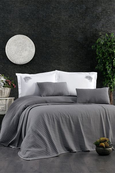 Minelya Home Collection 6-Piece Terra Gray Cotton Pique Set with Elastic Sheet and Embroidery