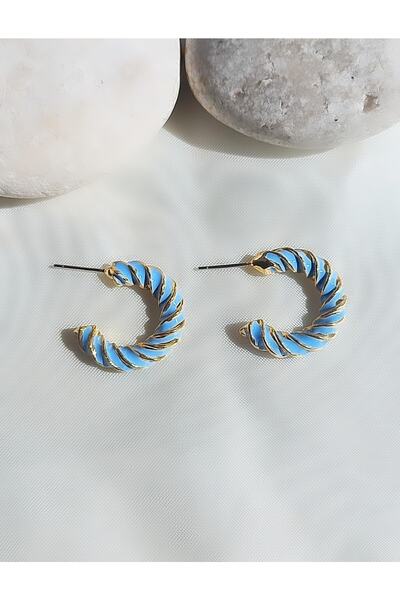 HOSBUTIK Gold Blue Enamel Hoop Earrings