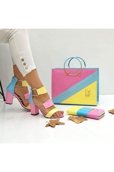 Leyla Yıldız Women's Bonibon Striped Heeled Shoes Bracelet Bag Wallet Set