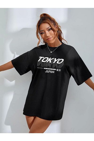 DEEPSENCE Women's Oversize T-shirt Tokyo Text Front Print Black