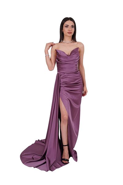 SpringStore Rochie de seara din satin cu fanta lavanda pentru dama