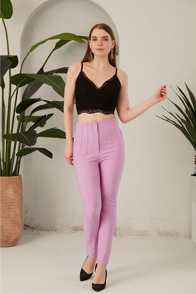 My Style Women's Lilac High Waist Zipper Detailed Pocketless Finike Fabric Trousers
