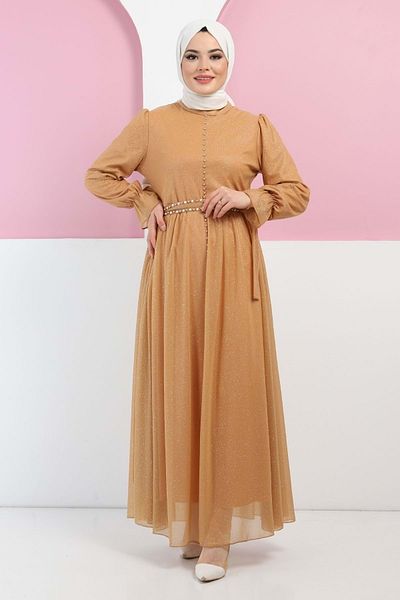 Modamihram Perlendetailliertes Glitzer-Abendkleid in Hellbraun