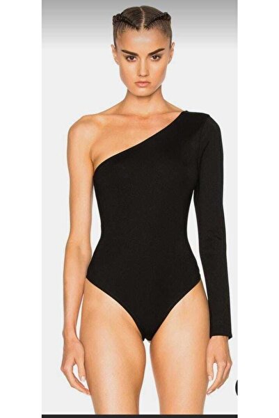 Nsb Tasarım Дамски черен боди с един ръкав и детайли