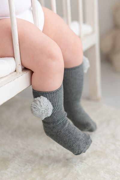 Nou Nou Anthracite Baby Girl Plush Pompom Knee Socks