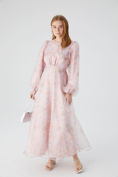 Manuka Gemustertes Organza-Abendkleid in Puder