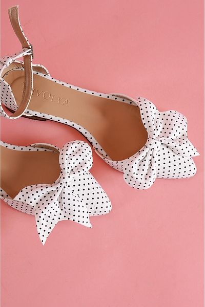 DİVOLYA Mambo White Polka Dot Bow Curea la gleznă Balerini casual cu vârf ascuțit